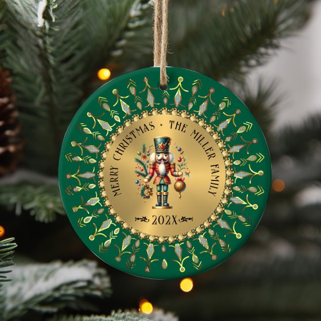 Personalized Gold Green Christmas Nutcracker Ceramic Tree Decoration (Creator Uploaded)