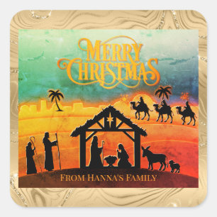 Personalized Gold Nativity "Merry Christmas" Square Sticker