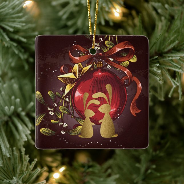 Personalized Golden Bunnies in Love Christmas Ceramic Ornament (Tree)