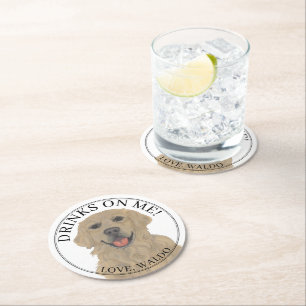 Personalized Golden Retriever Dog Wedding Round Paper Coaster
