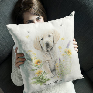 Personalized Golden Retriever Pup in Flowers Cushion