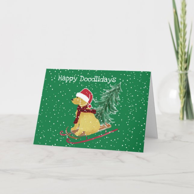 Personalized Goldendoodle Christmas Sled Holiday Card (Front)