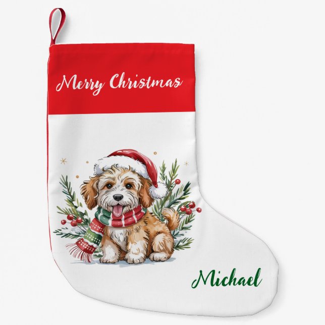 Personalized Goldendoodle Dog in Santa Hat  Small Christmas Stocking (Front)