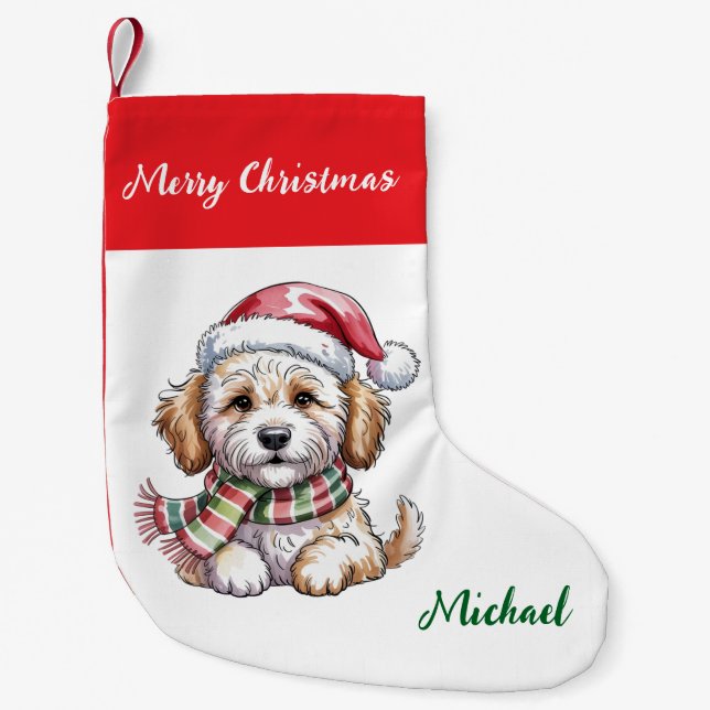 Personalized Goldendoodle Dog in Santa Hat  Small Christmas Stocking (Front)