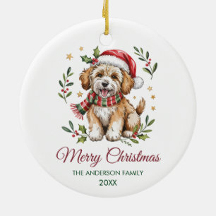 Personalized Goldendoodle Dog Santa Hat Christmas Ceramic Tree Decoration