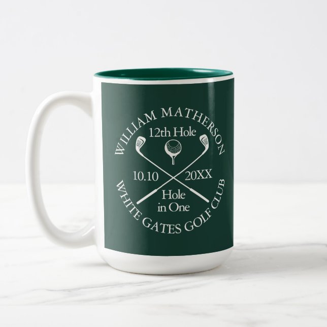 Personalized Golf Hole in One Emerald Green Two-Tone Coffee Mug (Left)