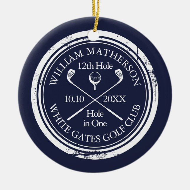 Personalized Golf Hole in One Keepsake Navy Blue Ceramic Tree Decoration (Front)