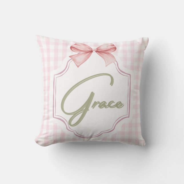 Personalized Grace Baby Girl Nursery Bow&Gingham Cushion (Front)