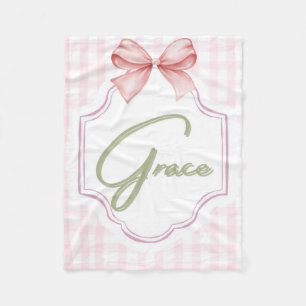 Personalized Grace Baby Girl Nursery Bow&Gingham Fleece Blanket