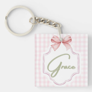 Personalized Grace Baby Girl Nursery Bow&Gingham Key Ring