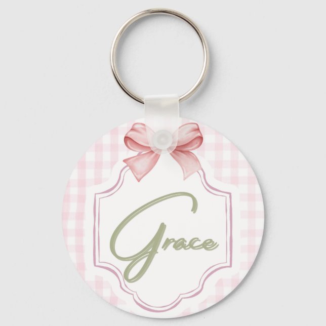 Personalized Grace Baby Girl Nursery Bow&Gingham Key Ring (Front)