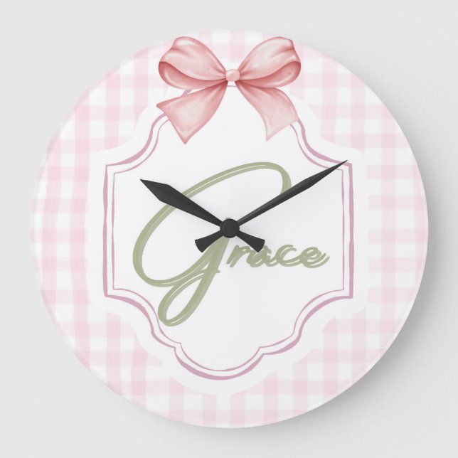 Personalized Grace Baby Girl Nursery Bow&Gingham Large Clock (Front)