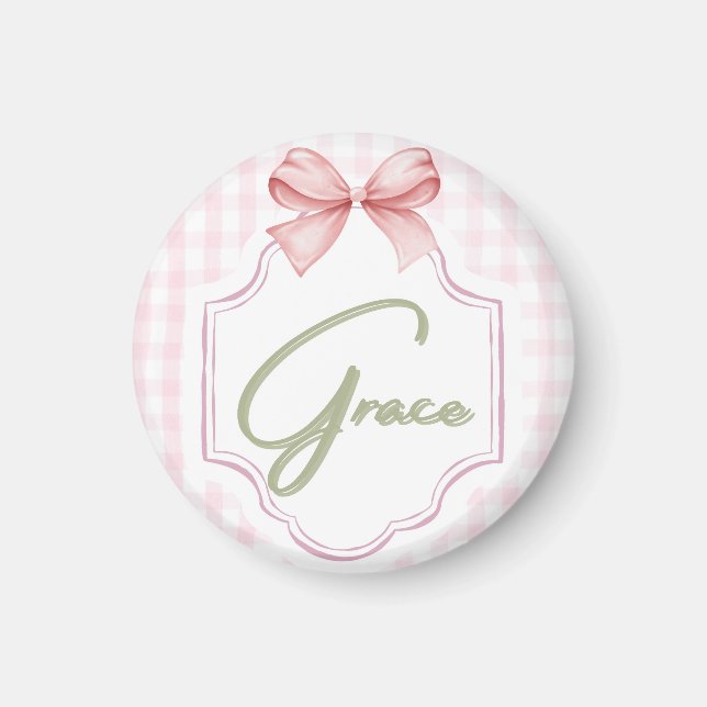 Personalized Grace Baby Girl Nursery Bow&Gingham Magnet (Front)