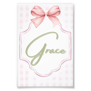 Personalized Grace Baby Girl Nursery Bow&Gingham Photo Print