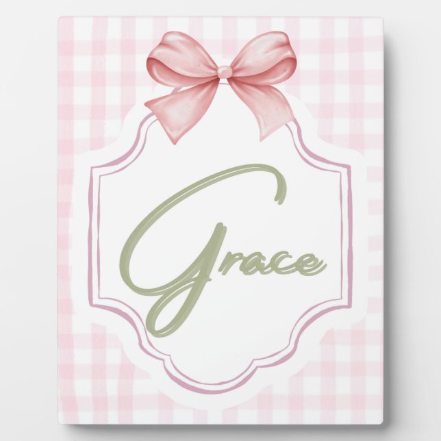 Personalized Grace Baby Girl Nursery Bow&Gingham Plaque (Front)