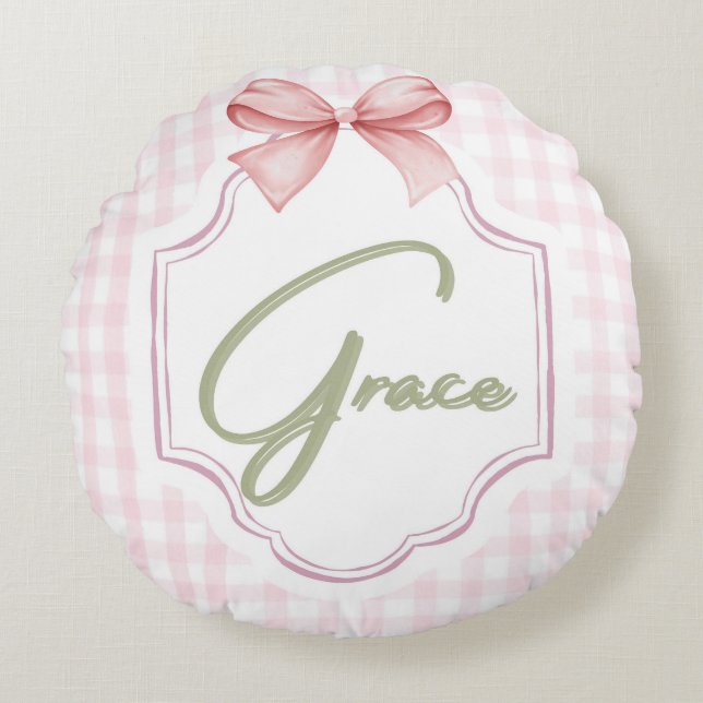 Personalized Grace Baby Girl Nursery Bow&Gingham Round Cushion (Front)