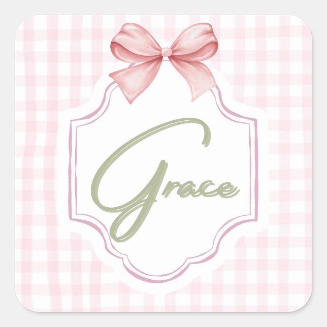 Personalized Grace Baby Girl Nursery Bow&Gingham Square Sticker (Front)