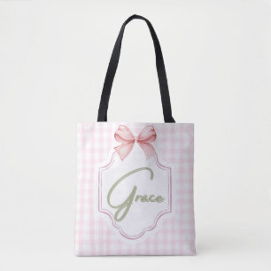 Personalized Grace Baby Girl Nursery Bow&Gingham Tote Bag