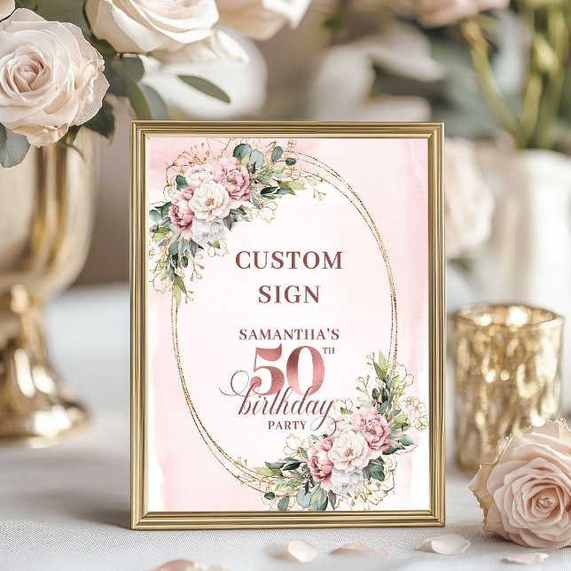Personalized Graceful Blush Greenery 50th Birthday Poster (Personalized Graceful Blush Greenery 50th Birthday Sign)