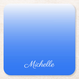 Personalized gradient ombre electric blue square paper coaster