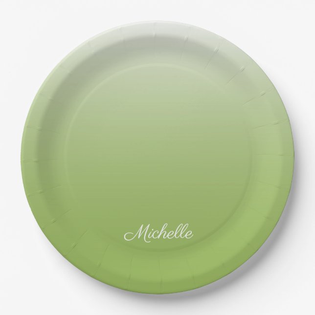 Personalized gradient ombre greenery green paper plate (Front)