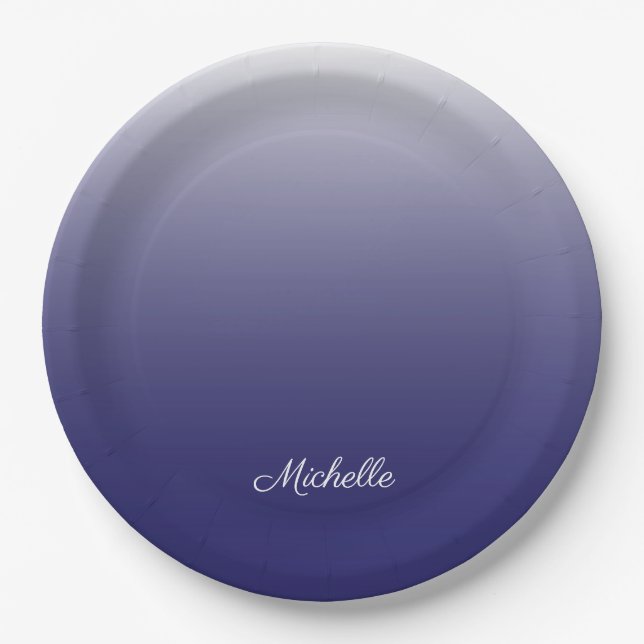 Personalized gradient ombre navy blue paper plate (Front)
