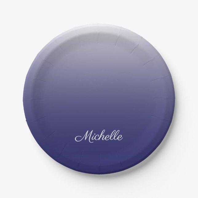 Personalized gradient ombre navy blue paper plate (Front)