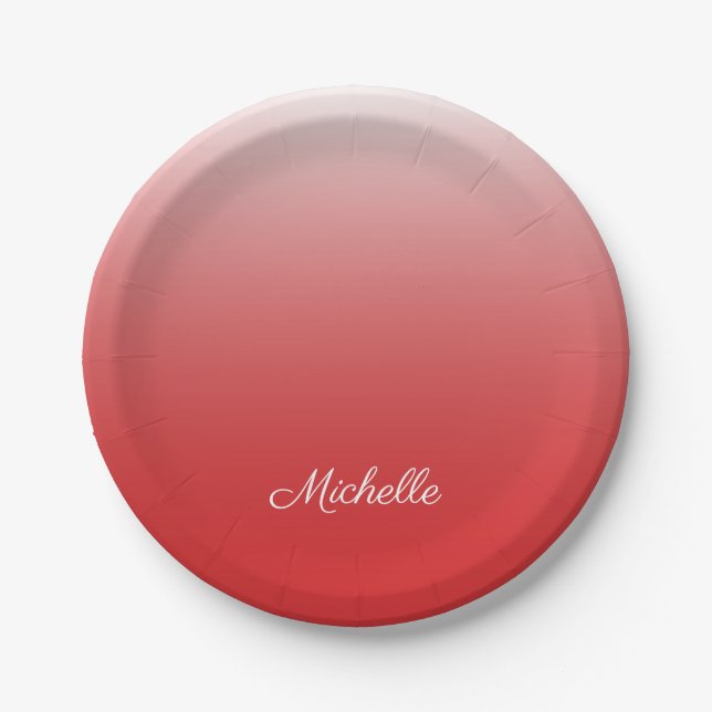 Personalized gradient ombre red paper plate (Front)