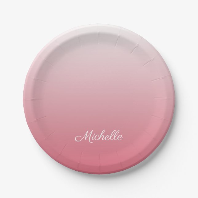 Personalized gradient ombre salmon pink paper plate (Front)
