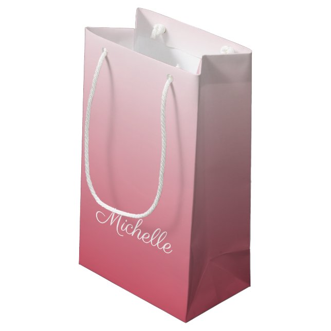 Personalized gradient ombre salmon pink small gift bag (Back Angled)