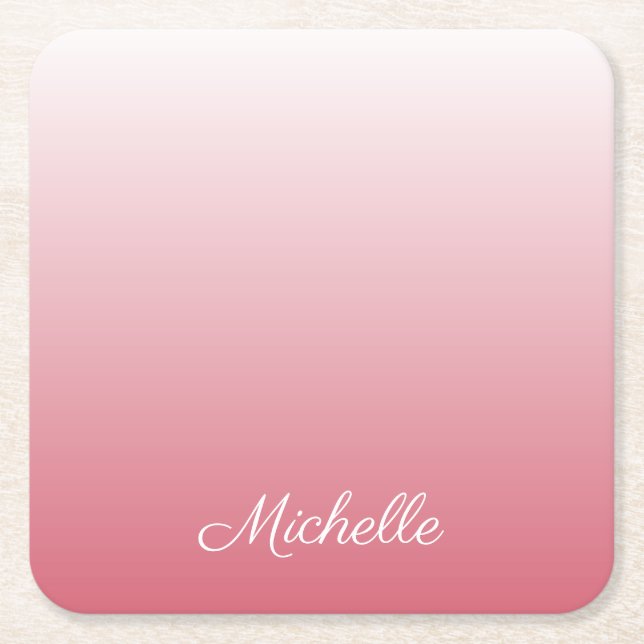 Personalized gradient ombre salmon pink square paper coaster (Front)