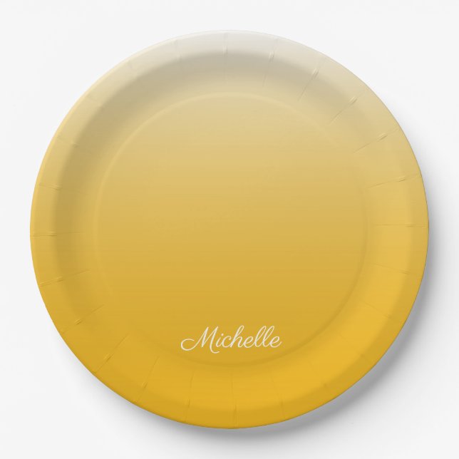 Personalized gradient ombre yellow paper plate (Front)