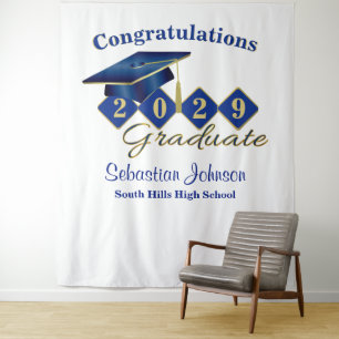 Personalized Graduation Blue & Gold Party Backdrop Tapestry