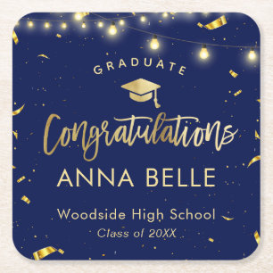 Personalized Graduation Elegant Navy Class of 2023 Square Paper Coaster