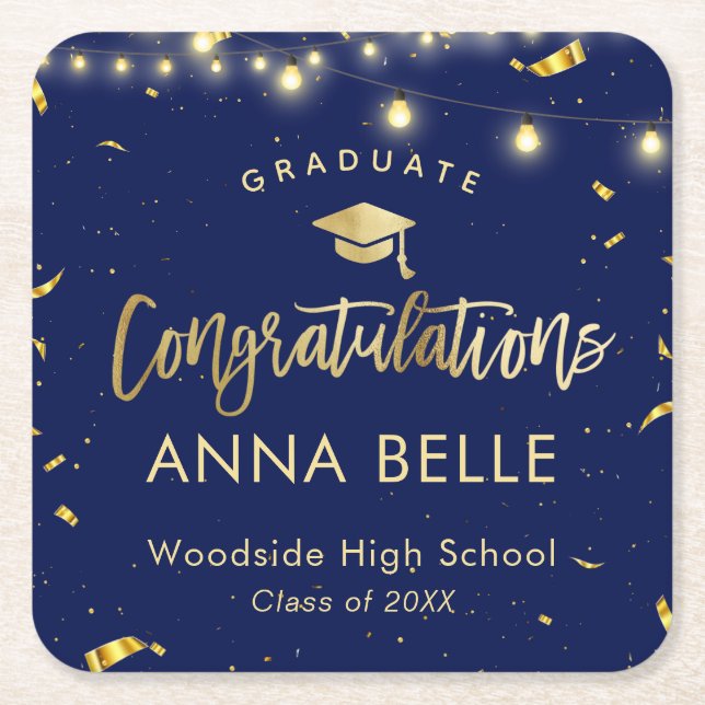 Personalized Graduation Elegant Navy Class of 2023 Square Paper Coaster (Front)
