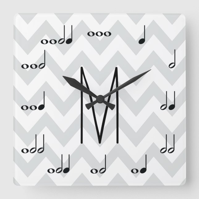 Personalized Gray and White Chevron Musical Notes Square Wall Clock (Front)