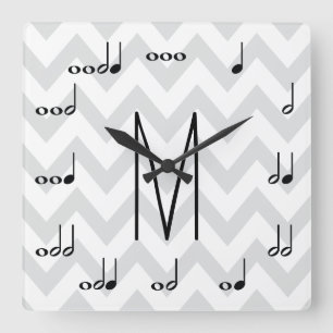 Personalized Gray and White Chevron Musical Notes Square Wall Clock