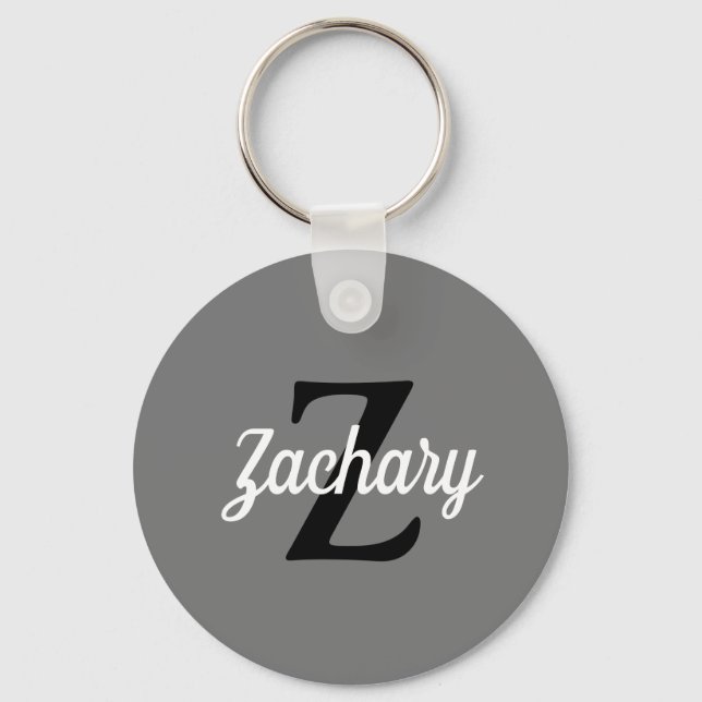 Personalized Gray Black White Retro Monogram Key Ring (Front)