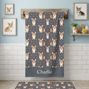 Personalized Gray Corgi Dog Beach Towel