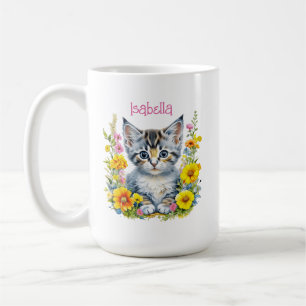 Personalized Gray Kitten and Flowers Watercolor Coffee Mug