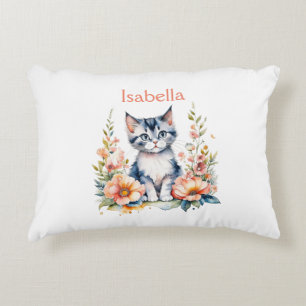 Personalized Gray Kitten in Pink Flowers Decorative Cushion