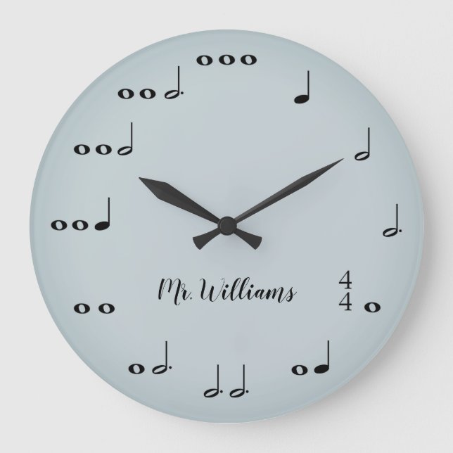 Personalized Gray Music Notes Round Clock (Front)