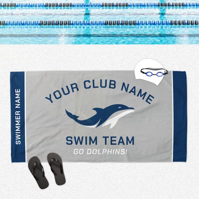Personalized Gray Navy Swim Team Swimmer Name Beach Towel (Creator Uploaded)