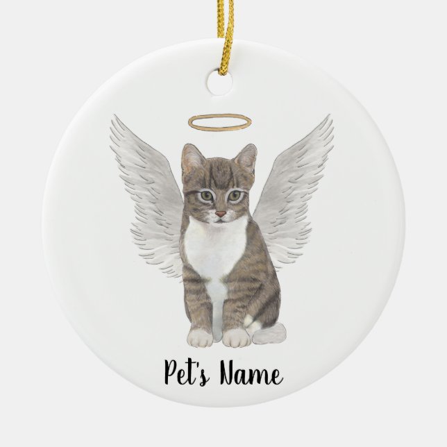 Personalized Gray Tabby Cat Sympathy Memorial Ceramic Tree Decoration (Front)