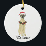 Personalized Great Dane (Fawn) Ceramic Tree Decoration<br><div class="desc">Make the nice list this year with a personalized Christmas ornament of your favorite little fawn masked great dane elf in a santa hat and red and green holly wreath! For the sweetest gifts, pair it with a matching art print or another item from my fawn masked great dane collection!...</div>