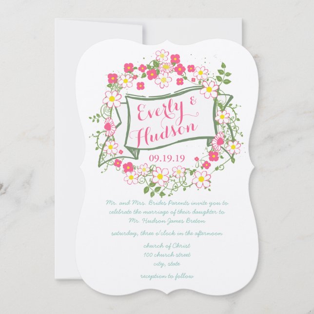 Personalized Green and Pink Garland Wedding Invitation (Front)