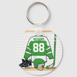 Personalized Green and White Ice Hockey Jersey Key Ring