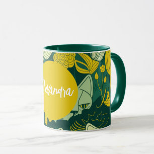 Personalized Green and Yellow Cat Lover Birthday Mug