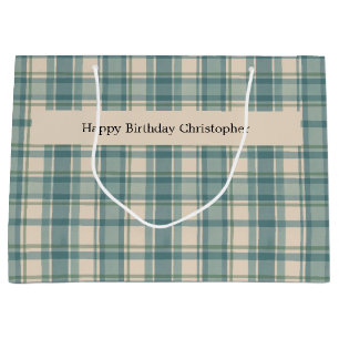 Personalized Green Blue Beige Plaid Men's Birthday Large Gift Bag