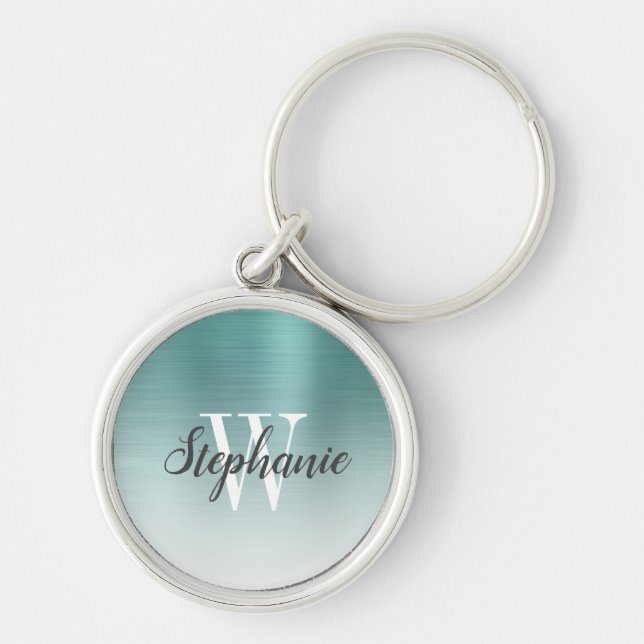 Personalized Green Brushed Metal Monogram Keychain (Front)